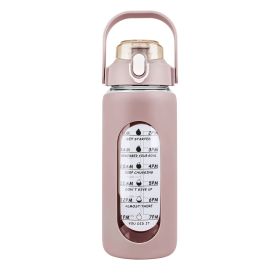 Glass Water Bottle Sports Water Bottle Motivational Water Bottle Water Intake Tracker Bottle with Straw Time Marker Silicone Sleeve Handle for Gym Wor (Capacity: 64Oz, Color: Coffee)